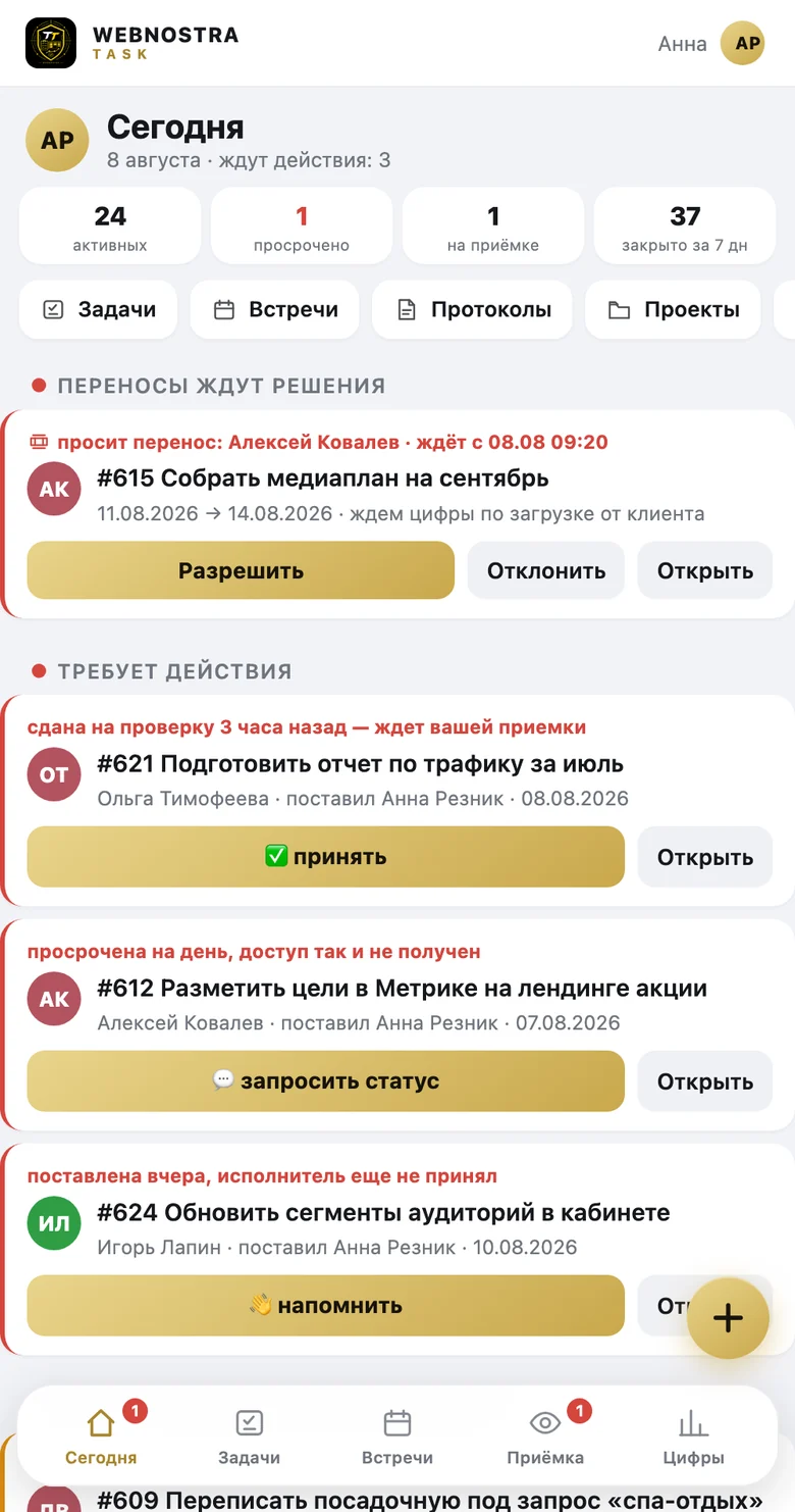 Экран «Сегодня» в приложении wote.work: счетчики, переносы на согласование и очередь того, что требует действия